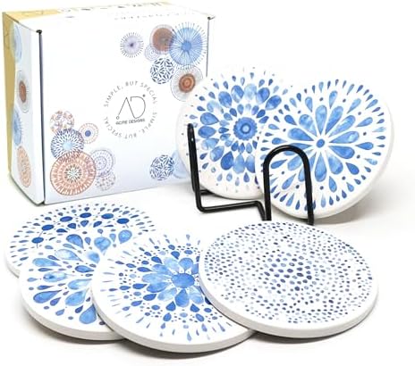 AD Set of 6 Coasters for Drinks Absorbing Round Ceramic Stone Coaster with Cork Base,Tabletop Protection Mat for Mugs and Cups,Office,Kitchen (Indigo Blue 2 with Holder)