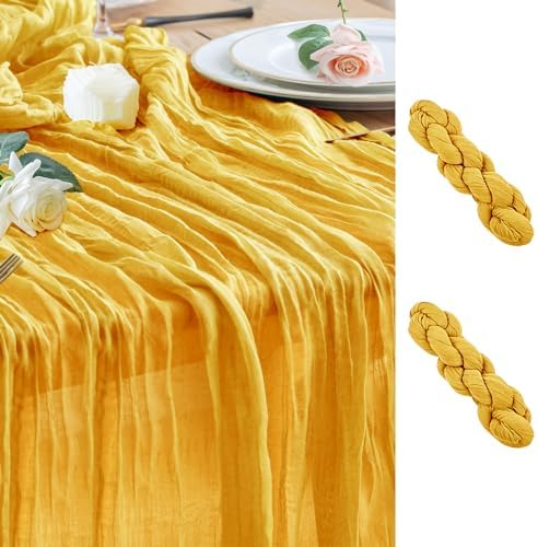 Wokceer Cheesecloth Table Runner Gold 10FT Boho Gauze Runner, 2 Pack