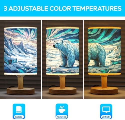 Polar Bear Table Lamp LED 3-Color Pressed Bedside, Polar Bear Shade Lamp with Wood Base for Bedroom Living Room Desk Office TL01