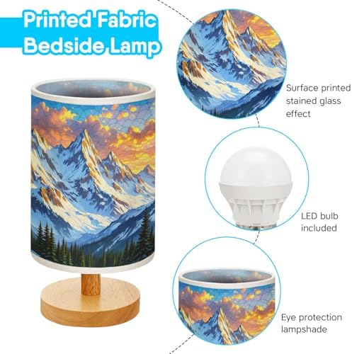 Majestic Snowy Mountain Table Lamp LED 3-Color Pressed Bedside, Majestic Snowy Mountain Shade Lamp with Wood Base for Bedroom Living Room Desk Office TL01
