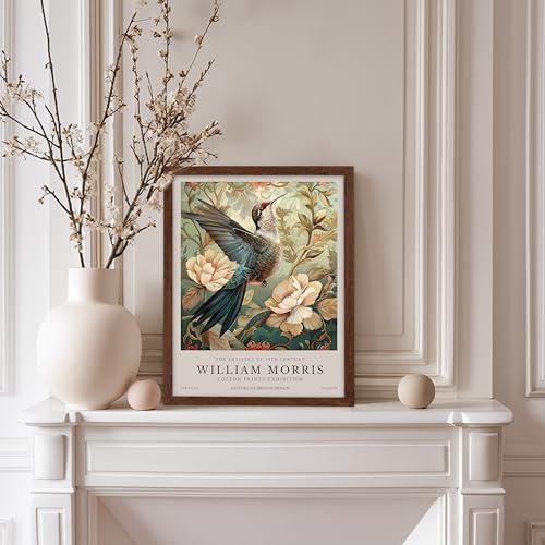 Poster Master William Morris Poster - Hummingbird Print - Bird Art - Botanical Art - Flower Design - Exhibition Artwork - Animal Illustration - Floral Illustration - Aesthetic Office or Bedroom Decor - 11x14 Brown Framed