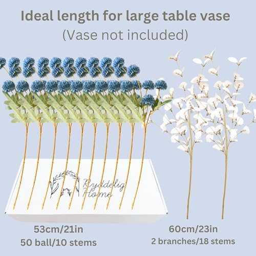 Faux Dusty Blue Flowers, Blue and White Floral Stems For Centerpieces, Fake Mums Artificial Flowers, Flores Azules Artificiales Para Decoracion, Long Stems For Vases, DIY Silk Floral Arrangements