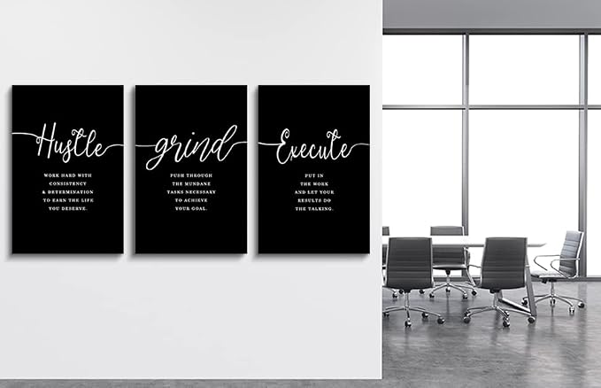 Hustle Quotes Execute Prints, Framed Canvas Wall Art Success Quote, Office Wall Art, Black Large Poster, Positive Motivational Set of 3 Prints, Boss Gift (F-3pcs,20x30inchx3pcs)