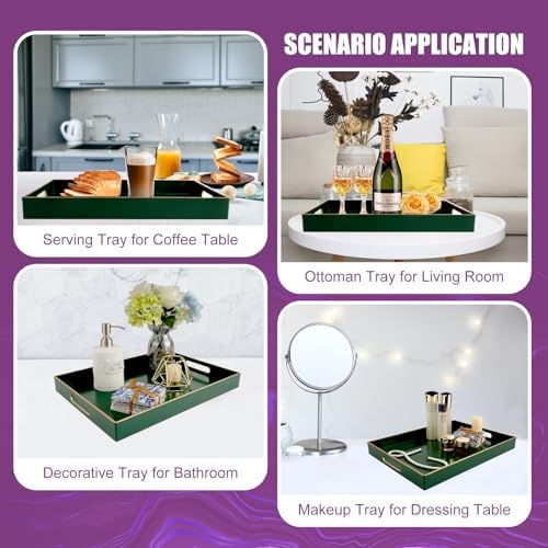 Gifturbo Large Serving Tray with Handles，Green Rectangular Plastic Elegant Decorative Coffee Table Trays for Ottoman, Living Room, Bathroom, Home Decor, Vanity Tray with Gold Trimming, 15.7” x 11.8”