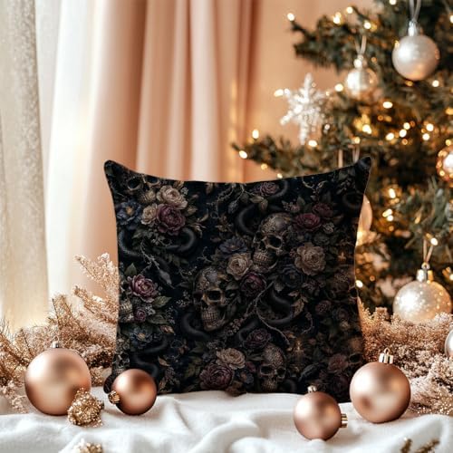 Whimsigoth Gothic Skull Snake Floral Throw Pillow Cover 18x18