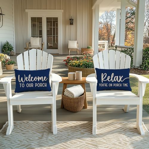 PANDICORN Outdoor Throw Pillow Covers 12x20 Inch Welcome to Our Porch, Blue