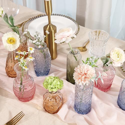 CUCUMI 12pcs Bud Vases for Centerpieces, Colorful Vintage Glass Vase Set | Small Colored Vintage Vases for Centerpieces, Decorative Flower Vases for Wedding Home Table Decor(Amber, Blue, Green, Pink)