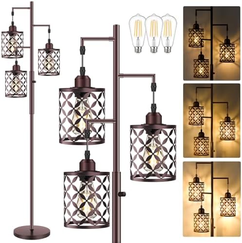 72" Industrial Tree Floor Lamp, Dimmable Farmhouse Tall Stand Light with Metal Cages & Rotary Dimmer Knob, Corner Decor Lighting for Living Room Bedroom Cafe, 3 x 800LM Bulbs Included-Brown