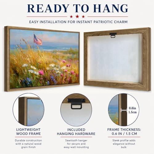 American Flag Framed Canvas Wall Art, 4th of July Patriotic Canvas Prints | Wildflower Landscape Poster Print, Vintage Rustic Independence Day Wall Decor for Bedroom Living Room Office 24×32in