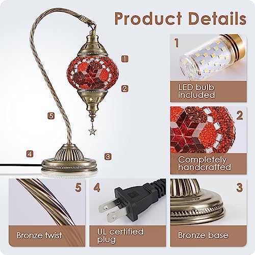 Yarra-Decor Turkish Moroccan Lamp with Bronze Base 3 Color Options Handmade Swan Neck Mosaic Glass Bedside Lamps for Bedroom (LED Bulb Included)(Red2)
