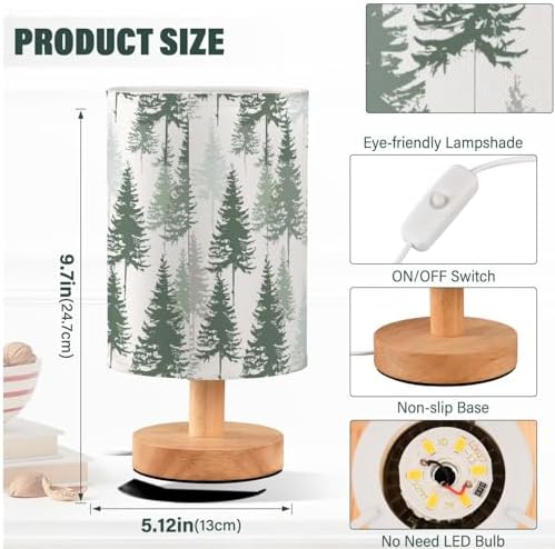Green Pine Forest Pine Trees Table Lamp for Bedroom USB Port Lamps Small Accent Table Lamp Nightstand Lamp Study Linen Shade with Wooden Base, Decorative Lamps for Bedside Reading|Kids|Dorm|Home