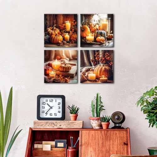 Fall Wall Decor Pumpkin Wall Art for Kitchen Dining Room Halloween Decorations Rustic Farmhouse Candle Canvas Prints Pictures Autumn Harvest Theme Poster Festival Party Home Decorations 16x16" 4Pcs