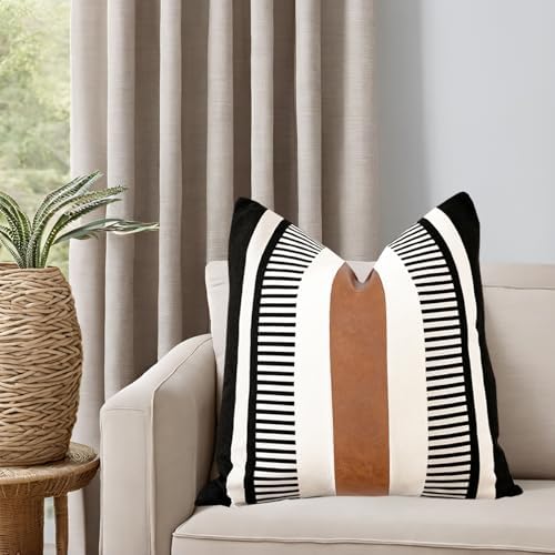 Black White Boho Pillow Cover with Leather Modern Couch Cushion Cover 22x22 inch Farmhouse Stripe Pillowcase for Couch Bed, Black