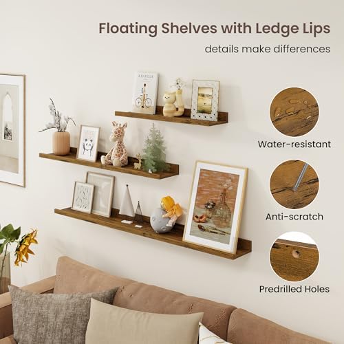 Axeman 40 Inch Floating Shelves, Brown Picture Ledge Shelf Set of 3