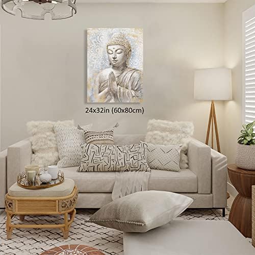 Gold Buddha Wall Art: Laughing Buddha Painting with Mandala Flower and Gold Leaf for Living Room, Bedroom, Yoga Room, Buddhist Meditation Room - 24"x32"