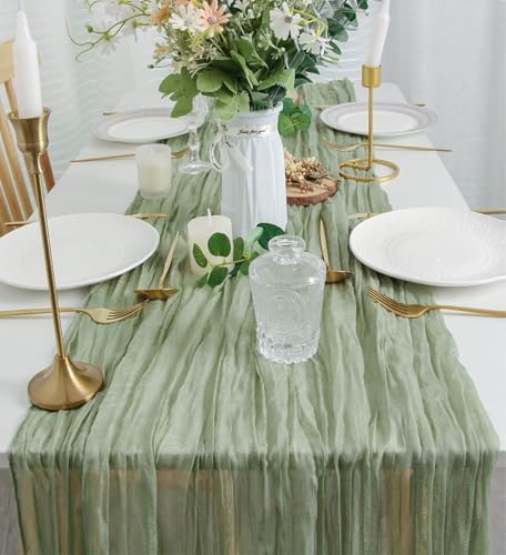 FEXIA 4Pcs Sage Green Cheesecloth Table Runner for Baby Shower Decoration