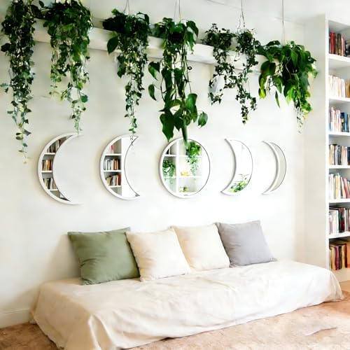 5-piece Set of Moon Phase Mirror Decorations in Nordic Style, Acrylic Mirror paired with Wooden Combination, Bohemian Style Living Room Bedroom Home Decoration, White (White)