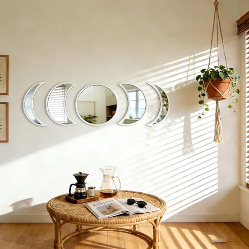 5-piece Set of Moon Phase Mirror Decorations in Nordic Style, Acrylic Mirror paired with Wooden Combination, Bohemian Style Living Room Bedroom Home Decoration, White (White)