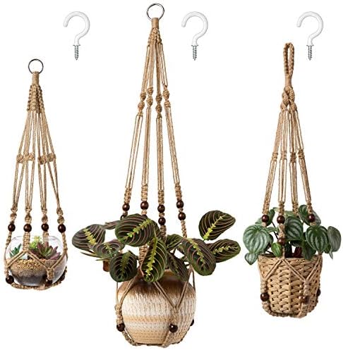 Mkono 3 Pack Macrame Plant Hangers Hanging Planters for Indoor Plants Brown
