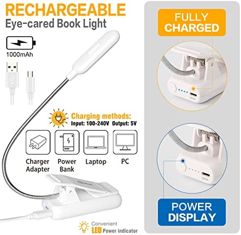 VAVOFO Clip On Rechargeable Reading Light, 7 LEDs with 3 Colortemperature 9 Brightness Levels Book Lights for Reading in Bed with Power Indicator for Bookworms Black (2-Pack White)