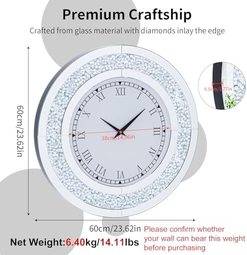 Crushed Diamond Wall Clock: Round Mirrored Clock 23.6 inch Silver