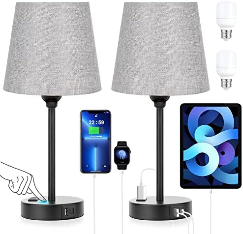 Grey Bedside Lamps Set 2 for Bedroom - Dimmable Touch, USB C+A, AC Outlet