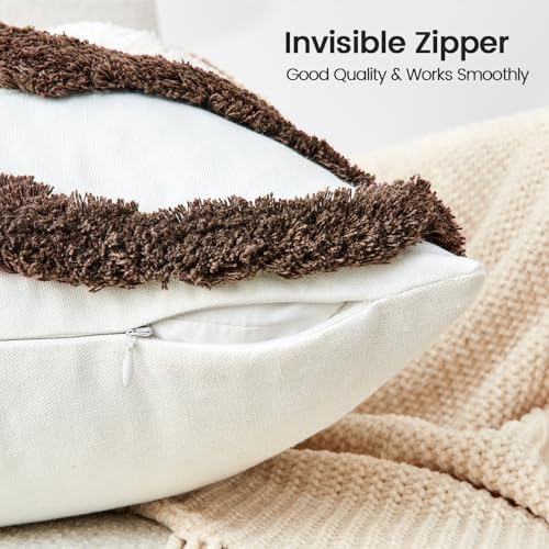 lifein 18x18 Pillow Covers-Throw Pillow Covers Boho Couch Pillows Embroidered Decorative Accent Pillows Mid Century Textured Pillowcases for Couch Sofa Living Room Bed (Brown and Cream)