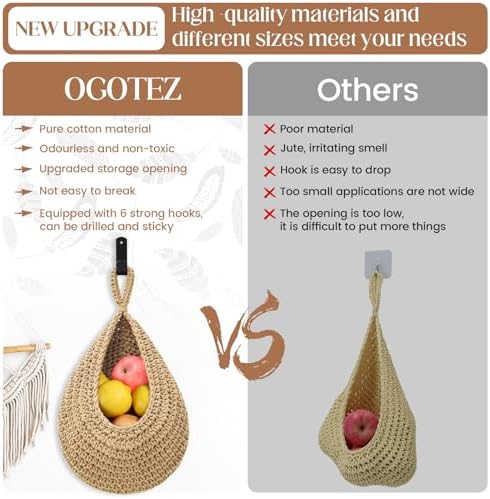 Wall Hanging Baskets for Organizing - 3 Pack Hanging Fruit Basket with 6 Pcs Strong Hooks, Handwoven Onion Storage Teardrop Home Onion Basket for Fruits Vegetable Potato Kitchen Storage(Light Linen)