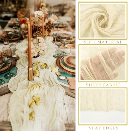 12 Pcs Beige Cheesecloth Table Runner 10FT Runner for Tables Boho Gauze Fabric Table Runner Decoration Rustic Sheer Runner for Wedding Bridal Shower Birthday Party Table Decor (35 x 120 Inches Long)