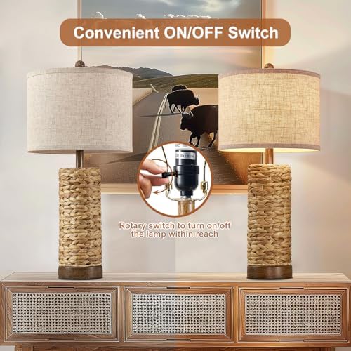 27.5'' Tall Natural Rattan Table Lamps Set of 2, Hand - Woven Wicker Lamp with Linen Shade, Rustic Coastal Boho Style Table Lamps for Bedroom, Living Room, Home Decor