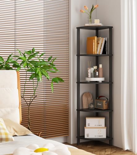 VIMBER Corner Shelf, 5-Tier Corner Bookshelf, Industrial Corner Ladder Shelf, Modern Display Shelf for Living Room, Bedroom, Kitchen, Home Office, Black UJSJ001B