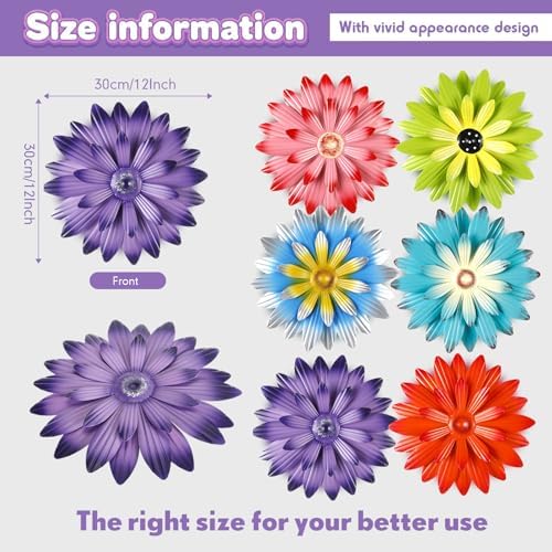 Zhehao 6 Pcs Metal Flower Wall Art Decor 12 Inch Sunflower Wall Decorations Hanging Outdoor Art Multicolored Handmade Metal Flowers Outdoor Decor(Vivid Color)