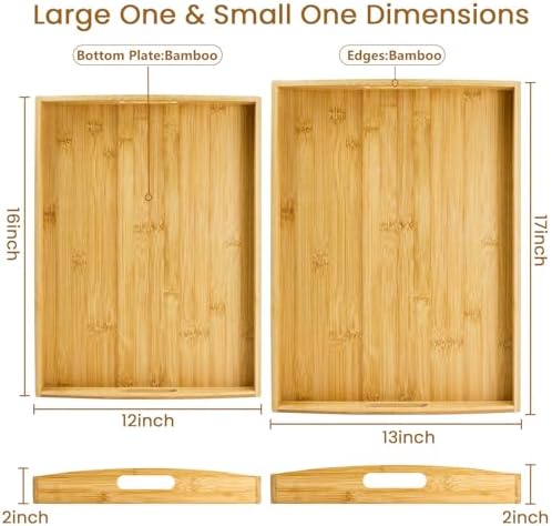 GOLD HONEY Bamboo Serving Tray with Handles, Wooden Serving Tray Set of 2