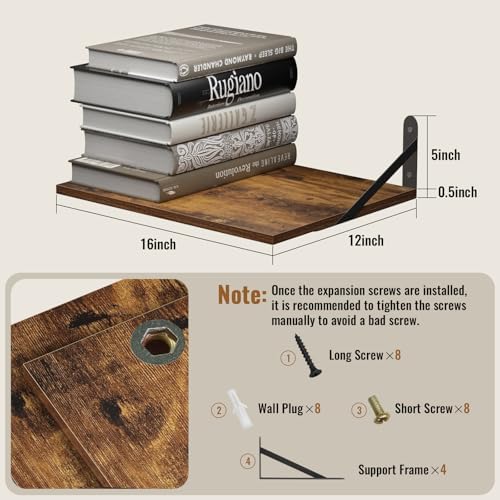 Deep Floating Shelves for Wall, 16W x 12D Wood Shelves Set of 2, Rustic Wood Floating Shelves, Wall Mounted Hanging Shelf for Living Room, Kitchen, Office, Bathroom and Bedroom Decor