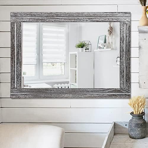 AAZZKANG Rustic Mirror Large 26"x18" Wood Framed Wall Mirrors Rectangle for Bedroom Bathroom Farmhouse Living Room Home Entryway Hanging