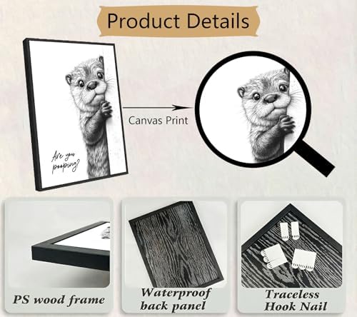 Black Framed Funny Otter Canvas Wall Art, Black White Humorous Animal Bathroom Poster Print Artwork, Are You Pooping Painting Picture Wall Decor, for Restroom, Bathroom, Toilet Home Decoration 12x16in