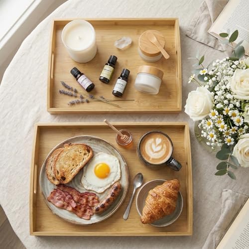 GOLD HONEY Bamboo Serving Tray with Handles, Wooden Serving Tray Set of 3
