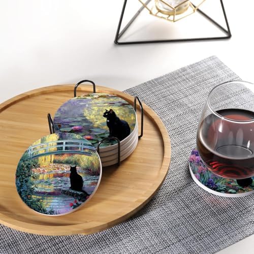 Drink Coasters for Drinks Set of 6, Water Lilies Art and Black Cat Absorbent Round Ceramic Stone Mat Coaster, with Cork Base and Metal Holder, Home Bar Decor House Warming Gift
