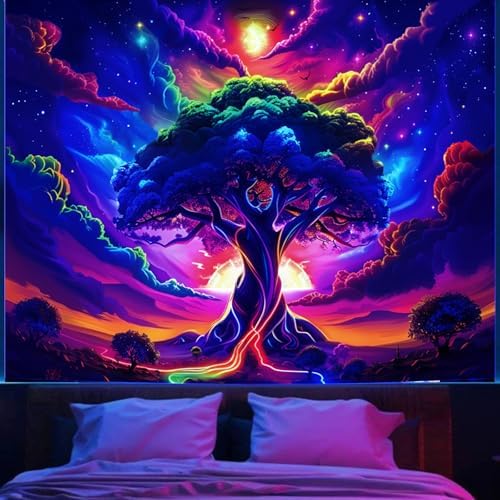Apdidl Blacklight Tree of Life Tapestry Bedroom, Black Light Space Posters