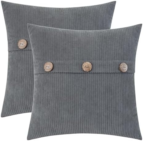 HWY 50 Grey Chenille Throw Pillow Covers 20x20 Inch Buttons Pack of 2