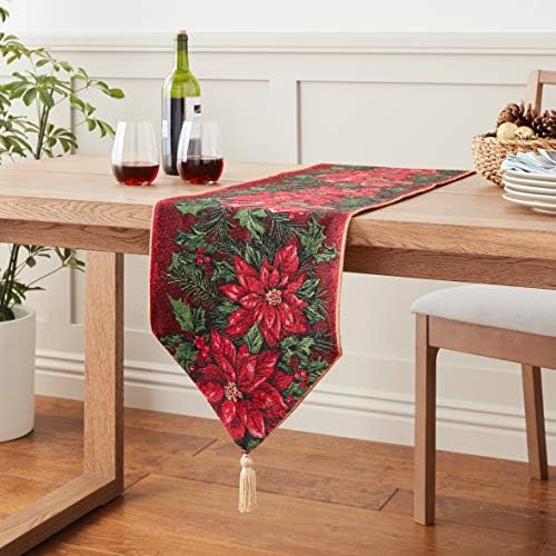 Violet Linen Decorative Christmas Poinsettias Design Tapestry, 13" X 70" Table Runner