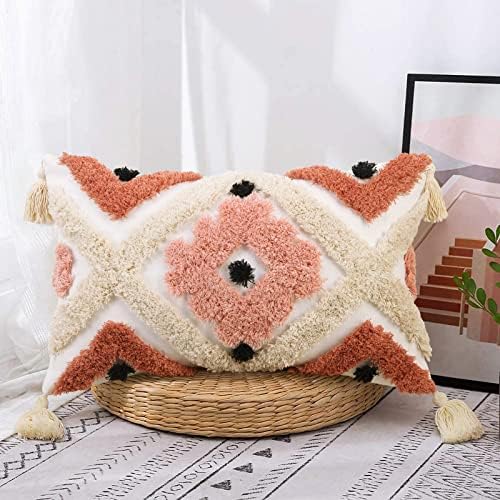 Merrycolor Boho Lumbar Pillow Covers 12×20 Tufted Pink Throw Pillow Covers with Tassels Modern Accent Bohemain Small Decorative Pillows for Bed Couch Sofa