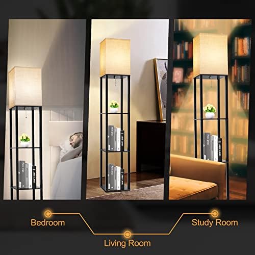 RUNTOP Floor Lamp with Shelves, Shelf Lamp with 3 Color Temperature LED Bulb,Floor-Lamp for Living Room, Modern Tall Standing Display Shelf Floor Lamps for Bedroom, Office (Black)