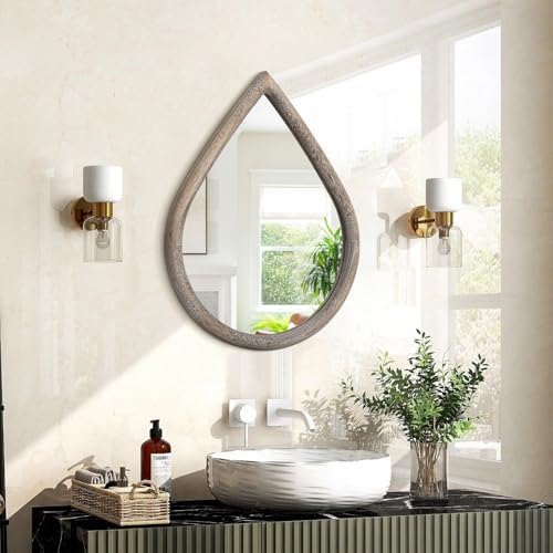 Small Mirror for Wall Solid Wood Bathroom Mirror Farmhouse Teardrop Wall Hanging Mirrors Decorative for Entryway Hallway Living Room Bedroom Retro Brown