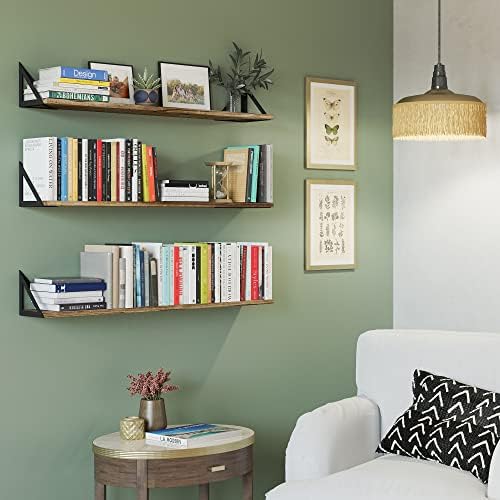 Wallniture Minori Wall Bookshelves for Living Room Decor, 36" Floating Shelves for Bathroom, Kitchen, Bedroom, Floating Bookshelf Wall Storage, Set of 3 Natural Burned