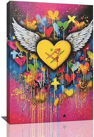 Crekviy Banksy Wall Art Street Graffti Wall Decor Heart Wings Canvas Prints Painting Romantic Artwork Decorations for Bathroom Bedroom Living Room Office Framed Gifts 16"x24"