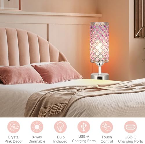 Hong-in Purple Crystal Table Lamp with USB C+A 3-Way Dimmable Bedside Lamp