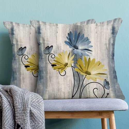 Baby Blue Yellow Floral Pillow Covers 18 x 18 Inch Set of 2 Daisy Floral Butterfly Decorative Throw Pillow Covers Linen Rustic Farmhouse Cushion Cases for Home Sofa Couch Living Room Decor