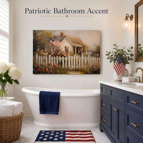 RIBNTAK Made in USA Patriotic American Flag Farmhouse Canvas Wall Art, 4th of July Cottage Garden with Roses Painting Print, Independence Day Decor for Living Room, Bedroom & Kitchen