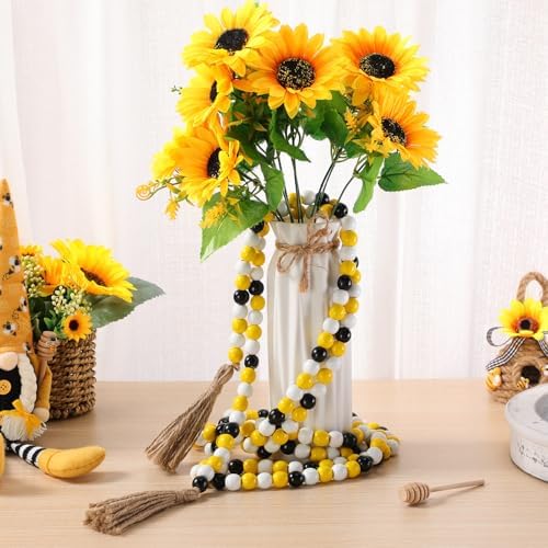 Equsion Rustic Wood Bead Garland with Tassel Farmhouse,Bee Color